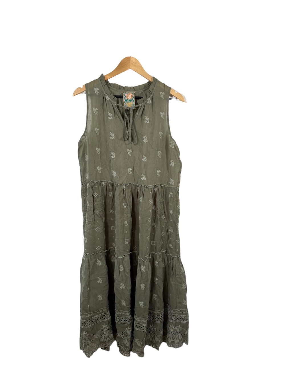 Johnny Was M Olive Green Embroidered Tiered Midi Dress Cupro Eyelet Boho